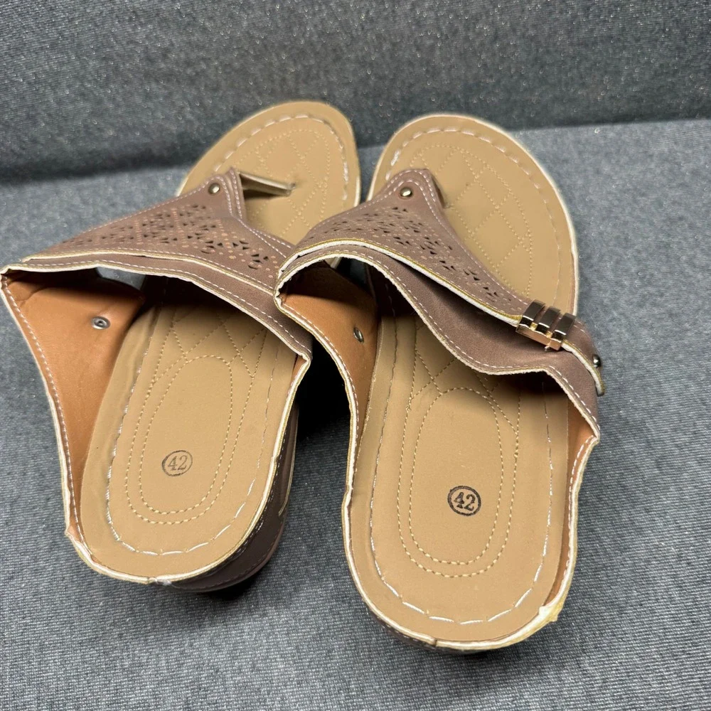 Boho Wedge‎ Thong Sandals Laser Cut Tan Unbranded 42